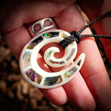 Koru With Paua Inlays Bone Carving Pendant Necklace - NZ Maori Inspired