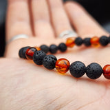 Polished Cognac Amber & Lava Stone Elastic Bracelet