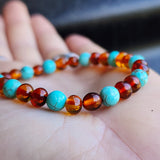 Adults Elastic Polished Cognac Amber & Turquoise Stone Bracelet