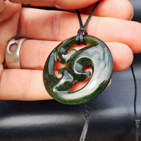 Natural Dark Greenstone Carved Triple Koru Pendant Necklace