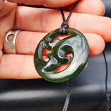 Natural Dark Greenstone Carved Triple Koru Pendant Necklace