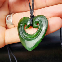 Natural Greenstone Double Koru Heart Carved Pendant Necklace