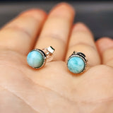 Natural Larimar & Solid Silver Round Stud Earrings