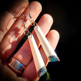 Natural Carved Maori Bone Carving Earrings - Rectangle Drops With Paua Bottoms