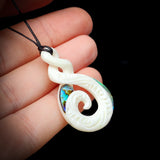 Natural Carved Maori Bone Carving Pendant Necklace - Etched Koru Twist - Paua Inlay