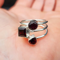 Rustic Handmade Solid 925 Sterling Silver & Natural Garnet 3x Setting Cage Ring