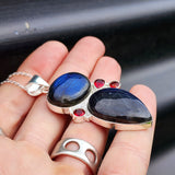 Rustic Handmade Solid 925 Sterling Silver & Natural Labradorite, Garnet Pendant Necklace