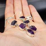 Rustic Sterling Silver & Natural Raw Amethyst Handmade 3x Setting Hanging Earrings