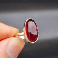 (O) Solid Sterling Silver & Red Garnet Oval Stone Handmade Solitaire Ring