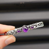 Solid Sterling Silver & Natural Amethyst Handmade Braid Cuff Bracelet