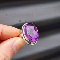 (T) Solid Sterling Silver & Natural Amethyst Oval Handmade Solitaire Ring