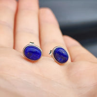 Natural Lapis Lazuli & Solid 925 Sterling Silver Oval Stud Earrings