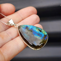 Solid Sterling Silver & Natural Labradorite Handmade Pear Pendant & Chain Necklace