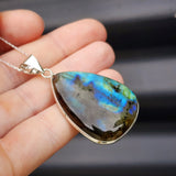 Solid Sterling Silver & Natural Labradorite Handmade Pear Pendant & Chain Necklace