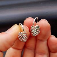 Solid 925 Sterling Silver Monstera Plant Leaf Hoop Earrings