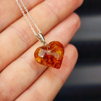 100% Solid Sterling Silver & Natural Amber Handmade Heart Pendant Necklace
