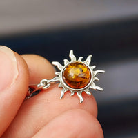 Solid Sterling Silver & Natural Polished Amber Handmade Rustic Sun Pendant Necklace
