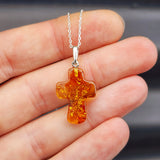 Solid Sterling Silver & Natural Polished Hand Carved Rustic Cross Pendant Necklace
