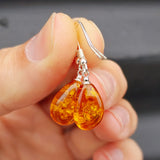 Solid Sterling Silver & Cognac Amber Hanging Waterdrop Earrings