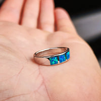 (Q) Solid 925 Sterling Silver & Created Opal 4 Setting Square Ring