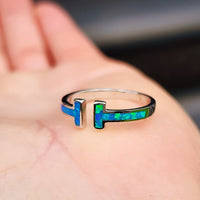 (Adjustable) Solid 925 Sterling Silver & Created Opal T Bar Band Ring