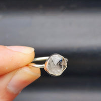 (Q) Solid Sterling Silver & Natural Herkimer Diamond Irregular Setting Handmade Signet Ring