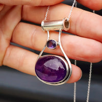 Solid Sterling Silver & Natural Amethyst Handmade Double Setting Oval Necklace
