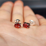 Natural Garnet & Solid Silver Oval Stud Earrings