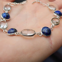 Solid Sterling Silver & Natural Lapis Lazuli Plus Quartz Handmade Chain Bracelet