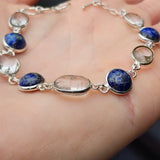 Solid Sterling Silver & Natural Lapis Lazuli Plus Quartz Handmade Chain Bracelet