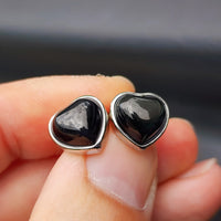 Natural Obsidian & Solid Silver Heart Stud Earrings