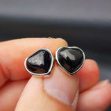 Natural Obsidian & Solid 925 Sterling Silver Heart Stud Earrings