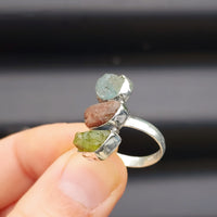 (Q) Solid Sterling Silver & Raw Mixed Gemstone Rustic Handmade Ring