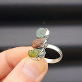 (Q) Solid Sterling Silver & Raw Mixed Gemstone Rustic Handmade Ring