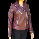 50% OFF SALE. Womens REAL Genuine Leather Jacket - Burgundy Ribbed Side Zip