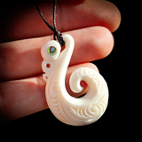 Natural Carved Maori Bone Carving Pendant Necklace - Manaia With Paua Inlay