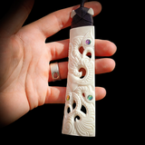 Natural Maori Bone Carving Pendant Necklace - XL Manaia Toki With Paua & Binding