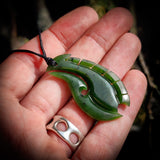 NZ Greenstone / Pounamu Notched Fern Hook Pendant Necklace (N640)