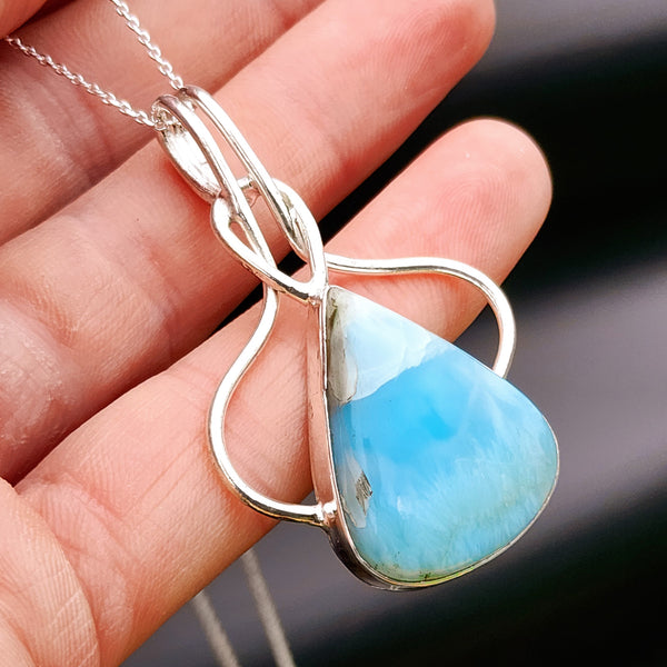 Solid Sterling Silver & Natural Blue Larimar Handmade Pear Necklace