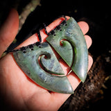 NZ Greenstone Pounamu Pair Matching 2pcs Koru Heart Pendant Necklaces (N644)