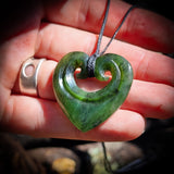 NZ Greenstone / Pounamu Double Koru Heart Pendant Necklace (N684)