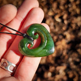NZ Greenstone Pounamu Double Koru Heart Pendant Necklace (N886)