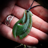 NZ Greenstone / Pounamu Notched Fern Hook Pendant Necklace (N640)