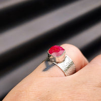 (O) Solid Sterling Silver & Natural Ruby Rustic Handmade Solitaire Ring