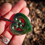 NZ Greenstone Pounamu Triple Koru Heart Pendant Necklace (N1046)