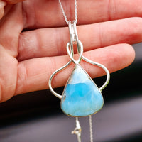 Solid Sterling Silver & Natural Blue Larimar Handmade Pear Necklace