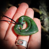 NZ Greenstone / Pounamu Double Koru Heart Pendant Necklace (N684)