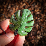 Natural Nephrite Jade Monstera Leaf Pendant Necklace (N1055)