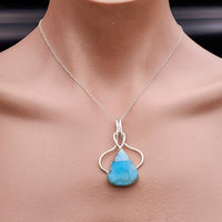 Solid Sterling Silver & Natural Blue Larimar Handmade Pear Necklace