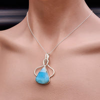 Solid Sterling Silver & Natural Blue Larimar Handmade Pear Necklace